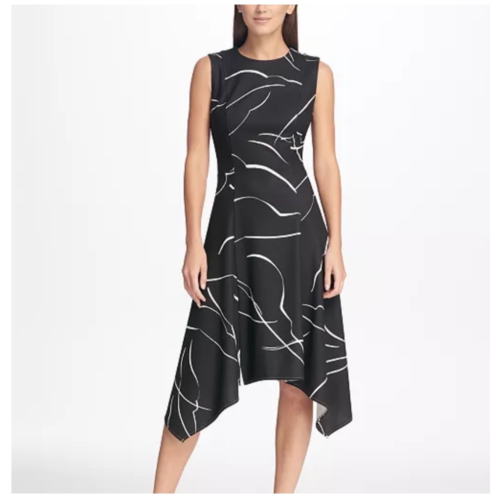 DKNY Black/White Geometric Print Handkerchief Dress Sz. 8